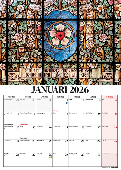 En väggkalender 2026 med månadsbild januari från Tyska kyrkan i Gamla stan i Stockholm