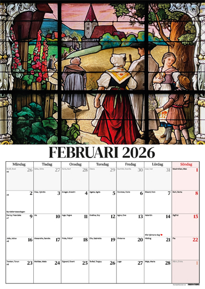 En väggkalender 2026 med månadsbild februari från Tyska kyrkan i Gamla stan i Stockholm