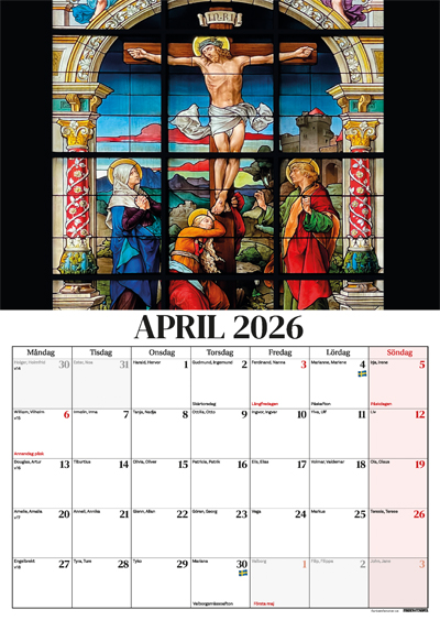 En väggkalender 2026 med månadsbild april från Tyska kyrkan i Gamla stan i Stockholm