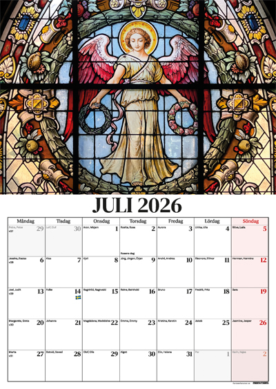 En väggkalender 2026 med månadsbild juli från Tyska kyrkan i Gamla stan i Stockholm