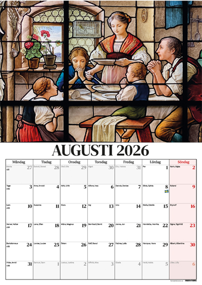 En väggkalender 2026 med månadsbild augusti från Tyska kyrkan i Gamla stan i Stockholm