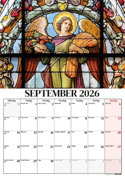 En väggkalender 2026 med månadsbild september från Tyska kyrkan i Gamla stan i Stockholm