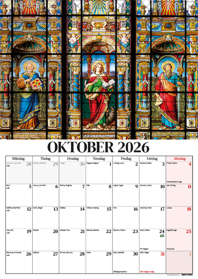 En väggkalender 2026 med månadsbild oktober från Tyska kyrkan i Gamla stan i Stockholm