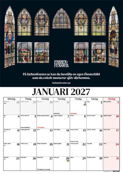 En väggkalender 2026 med månadsbild januari 2027 från Tyska kyrkan i Gamla stan i Stockholm