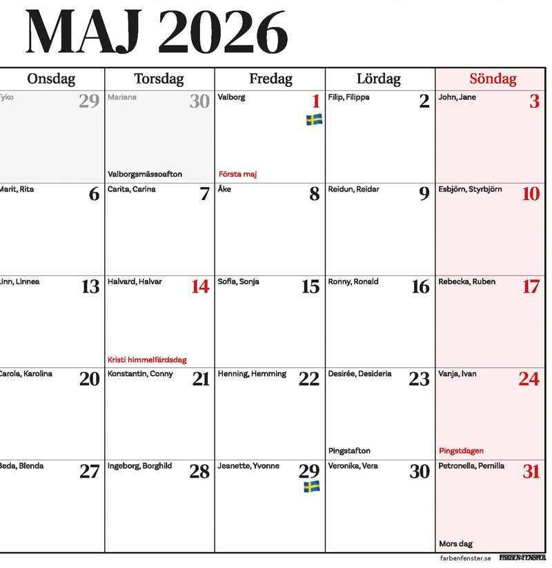 En detaljbild från maj månad där man kan se röda dagar, namnsdagar, flaggdagar.