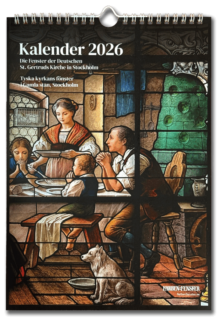 En väggkalender för 2026 med framsidesbild från Tyska kyrkans glasfönster i Gamla stan i Stockholm