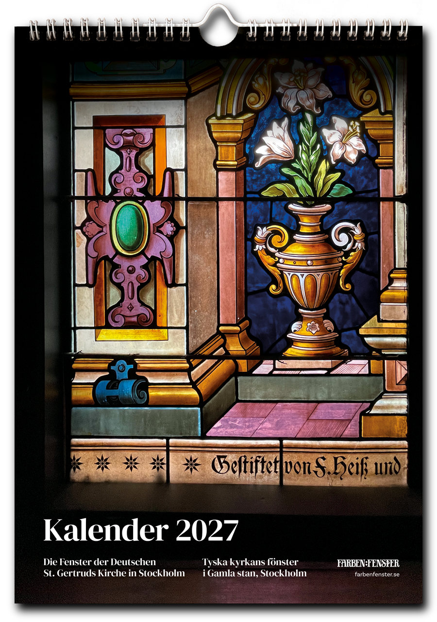 Väggkalender med Tyska kyrkans vackra handmålade blyinfattade fönster